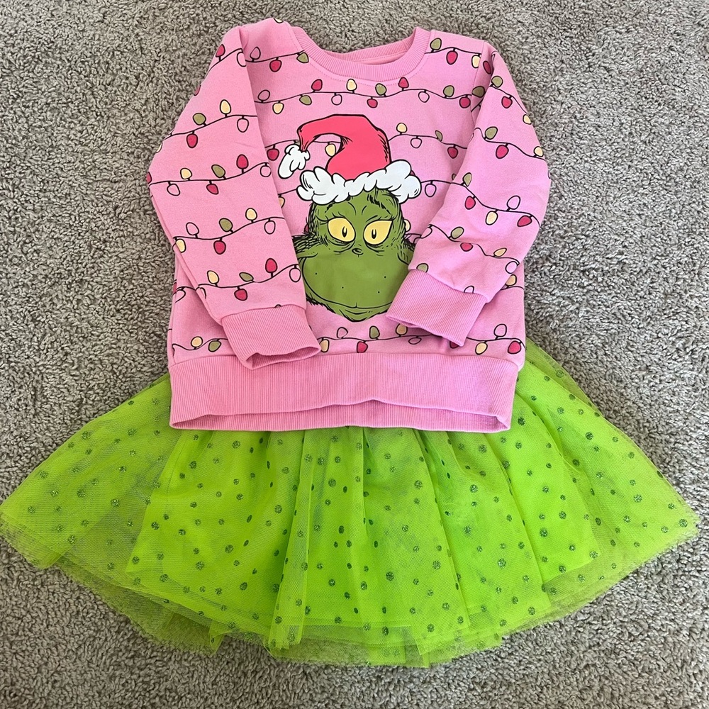 Girls Pink Grinch Sweater Top with Green Tulle Skirt